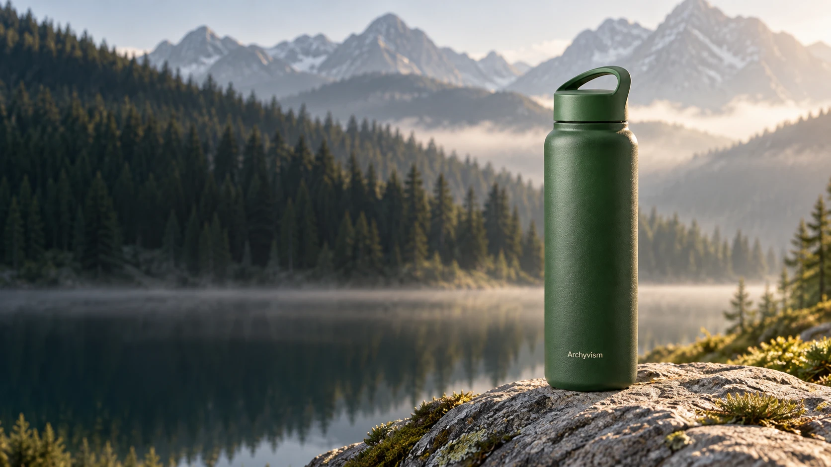 Forest green Archyvism bottle on a rock overlooking a mountain landscape